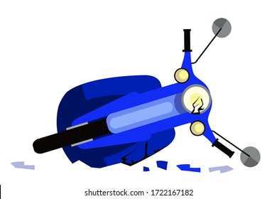 Traffic Accident. Damaged Moped Or Scooter Lies On Its Side. Broken Motorbike In Front View Isolated Object. Collision On Road, Safety Of Driving Personal Vehicles. Vector Illustration