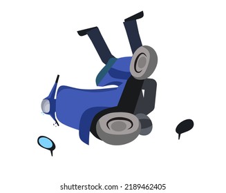 Traffic accident. Damaged moped or scooter lies on its side. Broken motorbike in front view isolated object. Collision on road, safety of driving personal vehicles. Vector illustration