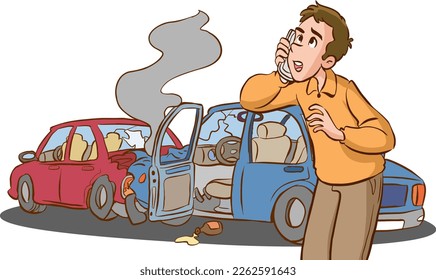 Traffic accident, emergency situation. Car crash cartoon vector illustration.