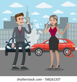 Traffic Accident Illustration. Angry Man And Woman Calling The Police.