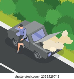 Traffic accident isometric background with unhappy woman character near broken car with opened smoking hood on road vector illustration