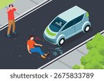 Traffic accident isometric composition with crash between car on road bystanders vector illustration