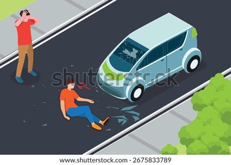 Traffic accident isometric composition with crash between car on road bystanders vector illustration
