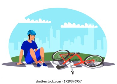 Traffic accident. Man cyclist fell off bicycle at crosswalk. Unhappy guy sits near his bike. Collision on road, safety of driving personal vehicles, urban infrastructure. Vector character illustration