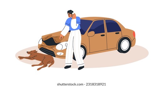 Traffic accident with man and injured dog lying on road. Car driver hit animal and calling for assistance. Transport vehicle emergency situation. Flat vector illustration isolated on white background