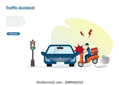 Traffic accident, motorbike crashing with car on street. Car accident and safety drive awareness concept.