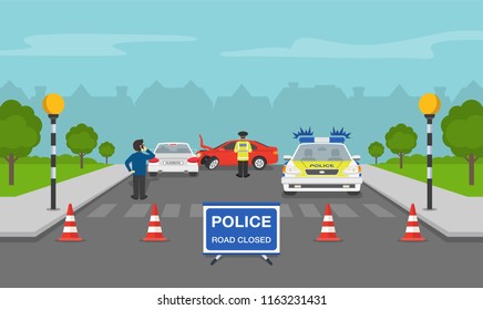 Traffic accident on a city street. Traffic police officers placed "road closed" sign. Zebra crossing with belisha beacons. Flat vector illustration template.