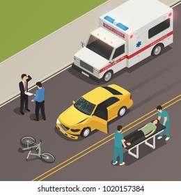 Traffic Accident Scene Of Car Collision With Bicycle Isometric Composition With Drivers Involved And Ambulance Vector Illustration 