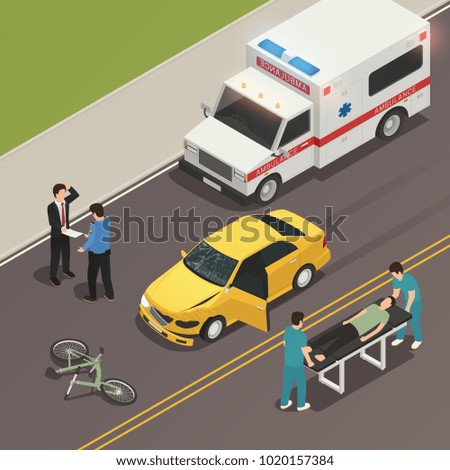 Traffic accident scene of car collision with bicycle isometric composition with drivers involved and ambulance vector illustration 
