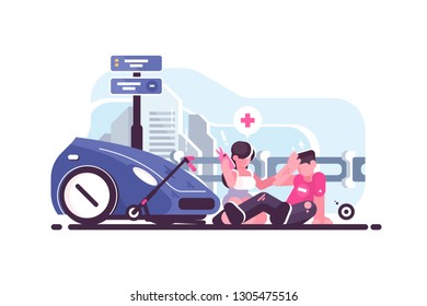 Traffic accident scene with car and scooter collision. Woman driver calling ambulance flat style vector illustration. Injured boy sitting on road and girl giving him first aid
