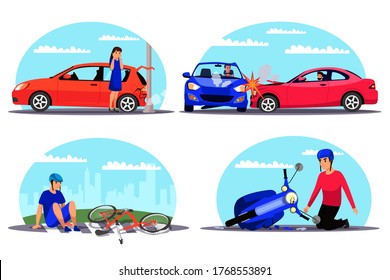 Traffic accident set. Woman standing near damaged auto, crashed to street lighting pole. Driver crash collision of two cars. Broken moped. Cyclist fell off bicycle at crosswalk. Vector illustration