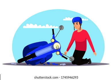 Traffic accident. Unhappy guy sits near his damaged motorbike. Collision on road, safety of driving personal vehicles, urban infrastructure. Vector character illustration