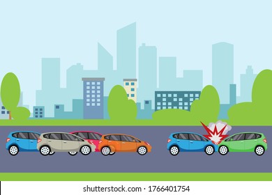 Traffic Accident Vector Concept: Two Cars Colliding Each Other On The Road In The Middle Of Heavy Traffic