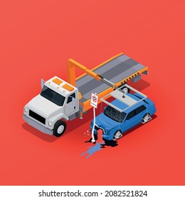 Traffic accidents isometric composition with car evacuator near damaged vehicle crashed into road sign red background vector illustration