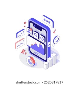 Conceito de Análise de Tráfego em pequeno telefone bonito. Ícones e Widgets com Análises de SEO.   Ilustração de vetor isométrico