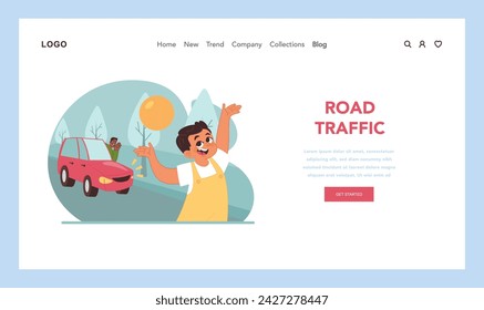 Traffic awareness for children. Joyful boy playing with ball near moving car, driver yelling at child trying to get noticed. Reminder of importance of road safety education. Flat vector illustration