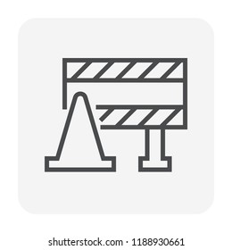 Traffic barricade and traffic cone or pylon vector icon. That warning sign or caution to stop, control or block passage of traffic direction from repair, improvement or construction area. 64x64 pixel.
