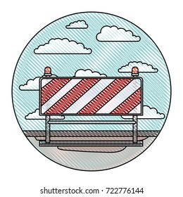 traffic barrier in circular frame with cloud landscape on color crayon silhouette vector illustration
