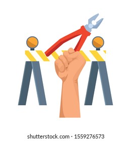 traffic barrier and hand holding a pliers over white background, vector illustration