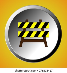 Traffic barrier on button. under construction road sign. Icon isolated on orange background