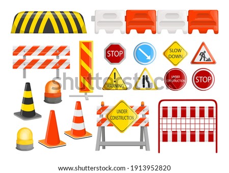 Traffic barriers collection. Roadblocks, barricades, with warning alert signs for road construction works. Vector illustration for city street repair works, danger, caution concept