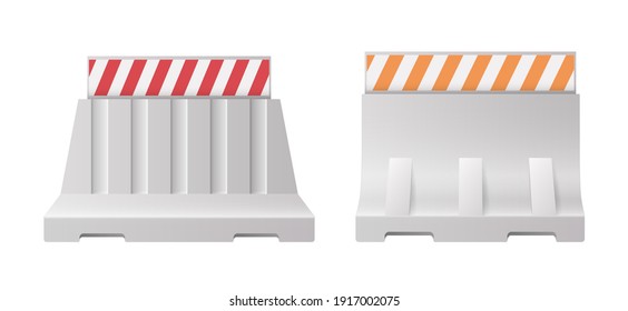 Traffic barriers. Plastic barriers for blocking road, realistic isolated on white background with reflective and luminous elements. Vector illustration