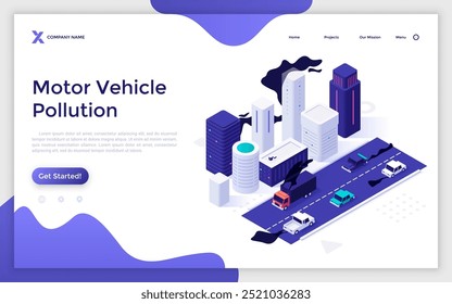 Las emisiones de carbono del tráfico envenenan el área urbana. Plantilla isométrica de la página de aterrizaje de la contaminación del vehículo de motor. Coches conduciendo a través de la ciudad dejando huellas de CO2 Ilustración vectorial creativa en 3D para la página de Web