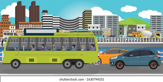 Traffic of cars on congested roads in large urban communities with rivers blocking the road. City and blue sky as background.