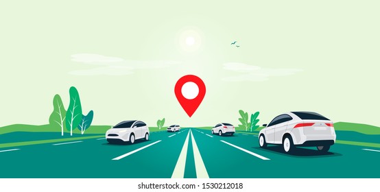 Traffic cars on highway with landscape motorway panoramic horizon view. Flat vector cartoon style illustration with vehicle on street driving on infinite road with navigation map location pointer.