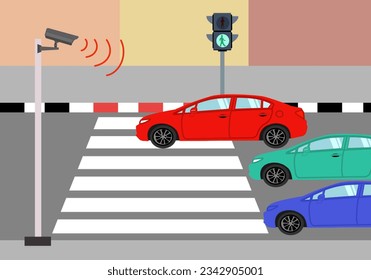 Traffic cctv camera capture red car with not stop on crosswalk when have green sigh.