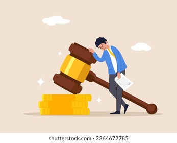 Traffic charge bill concept. Penalty fine to pay for prohibited legal, charge and expense punishment notice, sad man holding fine notice with law gavel on top of money coins stack. svg