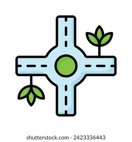 Circulo de tráfico con cuatro carreteras que muestran el concepto de icono de intersección de carreteras, vector de rotonda de tráfico