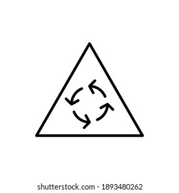 Traffic Circle Warning Sign  in flat black line style, isolated on white background