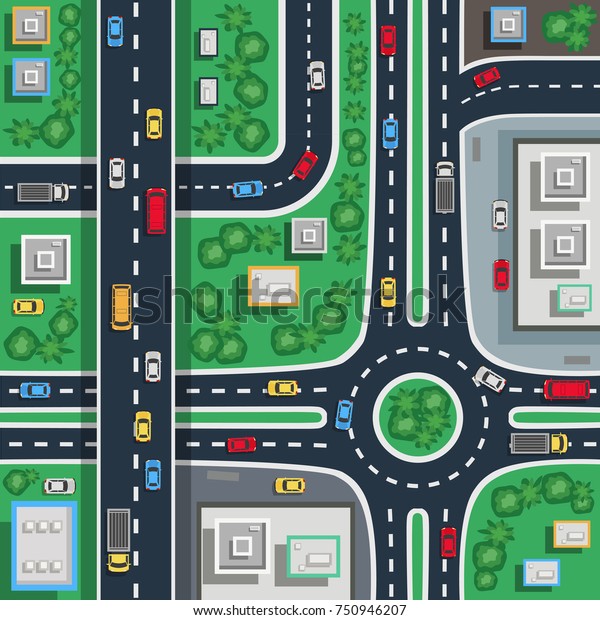 Traffic city\
roads intersections top view flat poster plan map detail toddler\
baby floor mat vector illustration\
