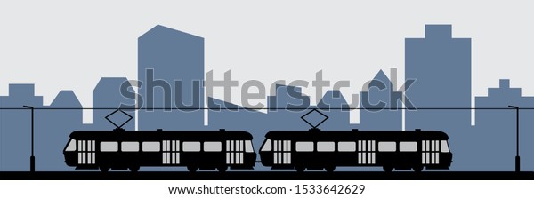 Traffic in the city, tram and city in the\
background, vector\
illustration