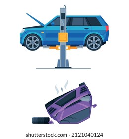 Traffic Collision or Car Accident with Damaged Transport Rested Upside Down on the Road Vector Set.