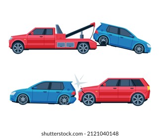 Traffic Collision Or Car Accident With Damaged Transport On The Road Vector Set