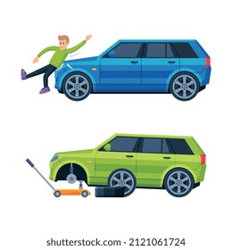 Traffic Collision or Car Accident with Pedestrian on the Road Vector Set