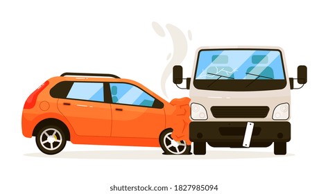 Traffic collision. Car bumped into shipping van truck isolated on white background. Traffic collision with automobile injury after impact with transport vector illustration