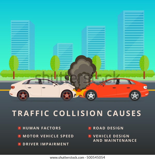 Traffic collision causes. Car crash vector\
illustration. Auto accident with two motor vehicles after head-on\
wreck. MVC background.