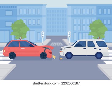 Traffic collision flat color vector illustration. Car accident. Automobiles bumping into each other. Fully editable 2D simple cartoon cityscape with downtown streets, buildings on background