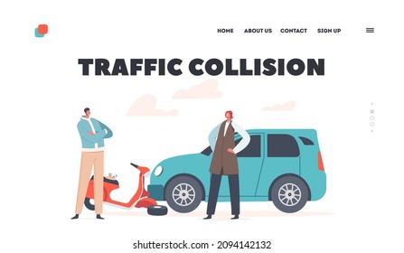 Traffic Collision Landing Page Template. Car Hit Driver on Scooter, Accident with Automobile and Person on City Road, Safety Concept. Dangerous Situation with Transport. Cartoon Vector Illustration