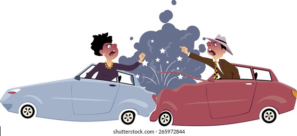 Traffic collision with one car rear-ended another, male and female drivers screaming and gesturing at each other, smoke and sparkles coming from vehicles, vector illustration, no transparencies, EPS 8