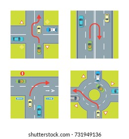 Traffic Conditions Scheme with Car and Arrow Set for City Top View Wrong Maneuver. Vector illustration