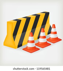 Traffic Cone And Block Road. Vector