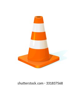 Traffic cone classical form with reflective orange and white stripes, vector illustration isolated on background