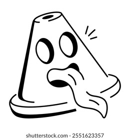 Traffic cone with a creepy emoji on it, doodle icon 

