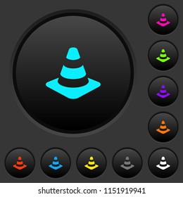 Traffic cone dark push buttons with vivid color icons on dark grey background
