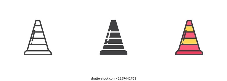 Traffic cone different style icon set. Line, glyph and filled outline colorful version, outline and filled vector sign. Symbol, logo illustration. Vector graphics