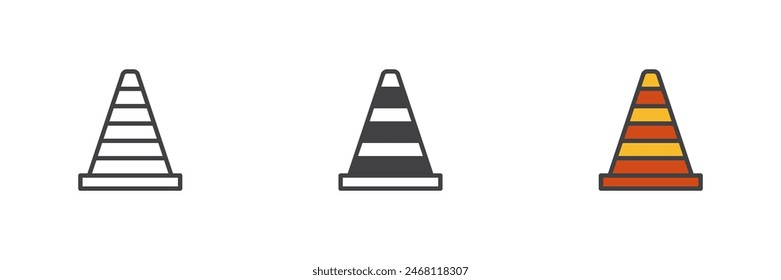 Traffic cone different style icon set. Line, glyph and filled outline colorful version, outline and filled vector sign. Symbol, logo illustration. Vector graphics